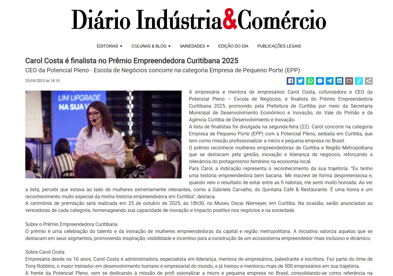 Carol Costa é destaque no Prêmio Empreendedora Curitibana 2025